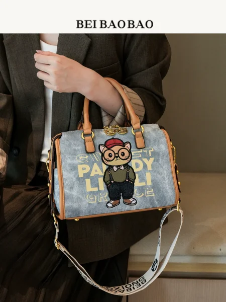Vintage Cartoon Cat Embroidery Satchel Bag Women Retro Top Handle Handbag with Detachable Wide Strap Cute Crossbody Purse for Cat Lovers