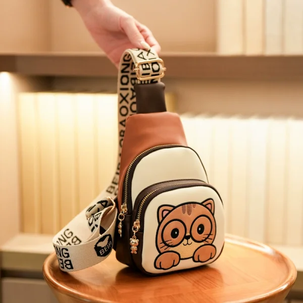 Cute Cartoon Cat Sling Bag for Women, Color Block Mini Crossbody Chest Bag with Wide Strap