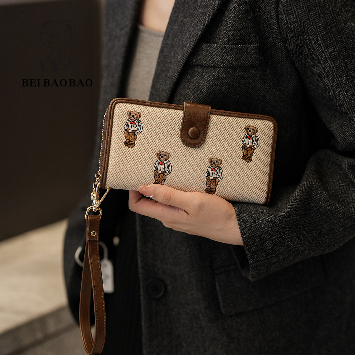 Retro Allover Gentleman Teddy Bear Canvas Wallet, Cute Embroidered Bear Long Clutch & Mini Card Purse Set For Ladies  