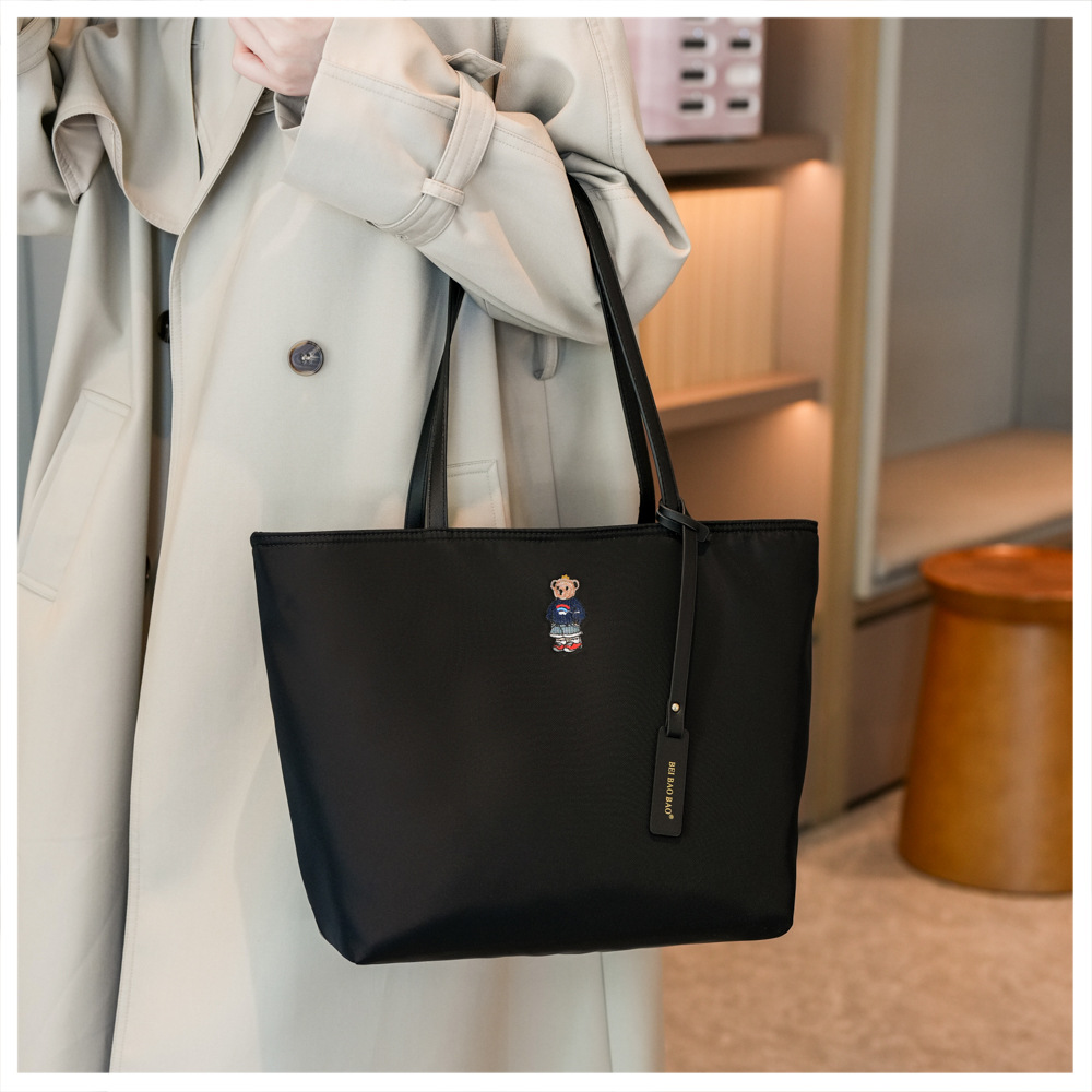 Cute Embroidered Bear Nylon Tote Bag For Women, Large Capacity Lightweight Waterproof Shoulder Handbag, Daily Work School Top Handle Purse With  Strap Tag